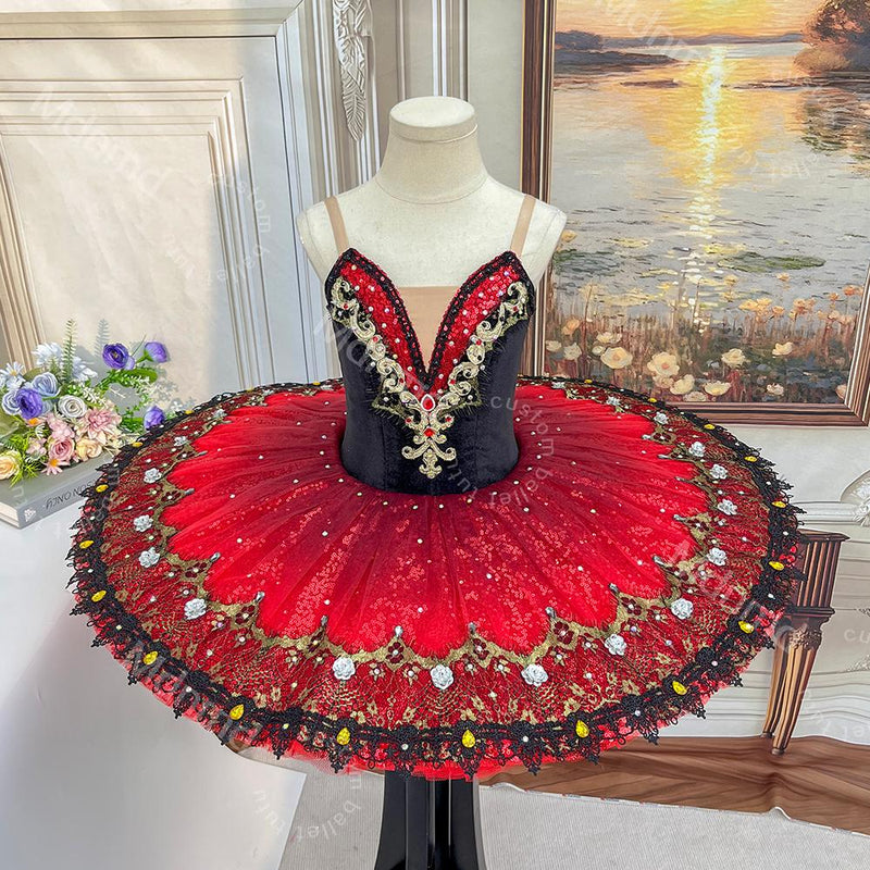 Custom Black & Red Don Quixote Ballet Tutu - Classical Kitri Pancake Tutu Dress for Competition
