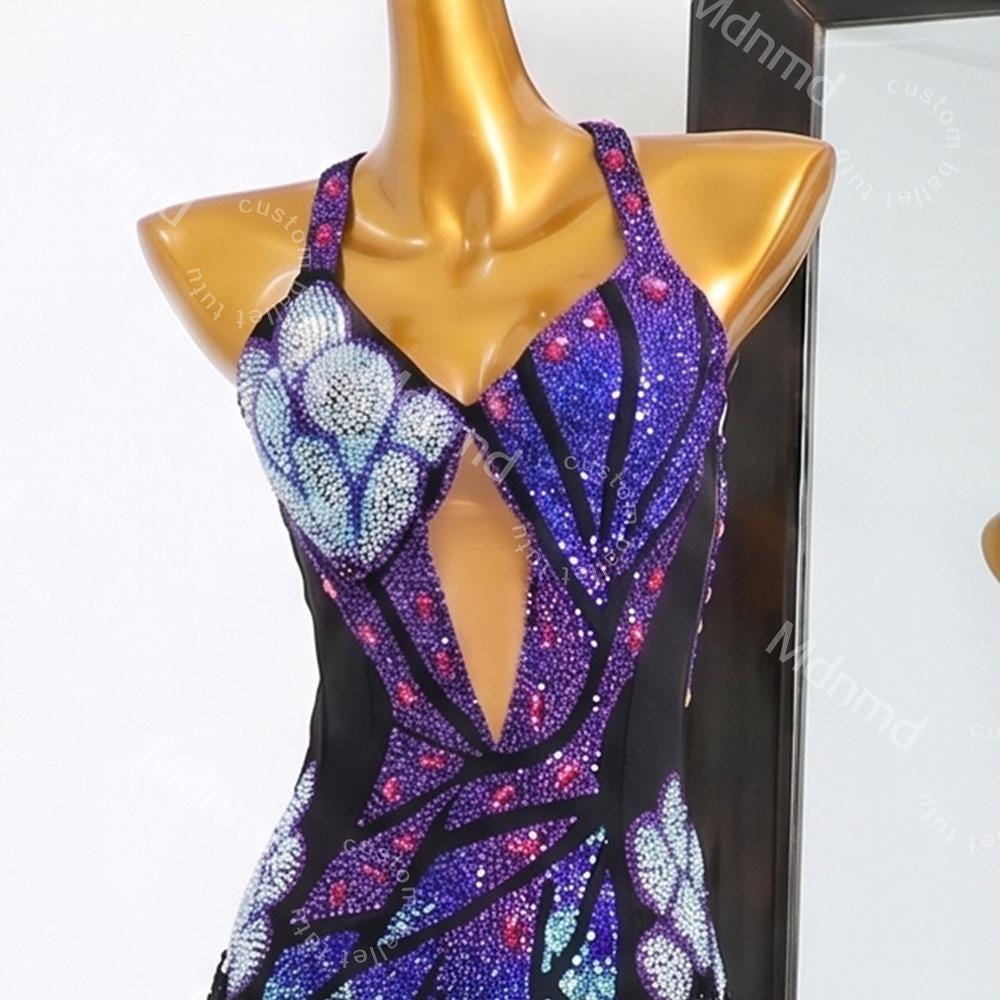 Custom Purple Latin Dance Dress - Rhinestone Fringe Salsa Ballroom Competition Costume