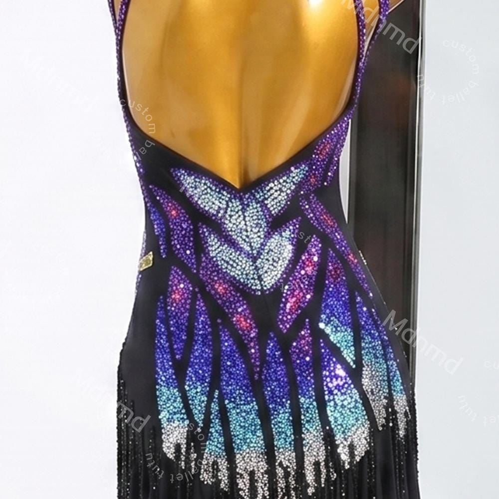 Custom Purple Latin Dance Dress - Rhinestone Fringe Salsa Ballroom Competition Costume