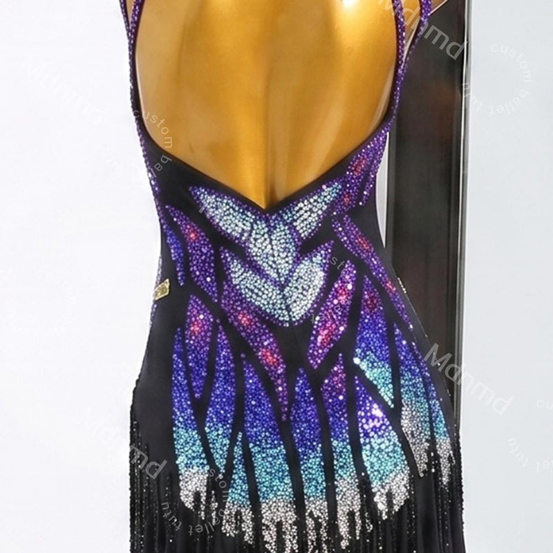 Custom Purple Latin Dance Dress - Rhinestone Fringe Salsa Ballroom Competition Costume