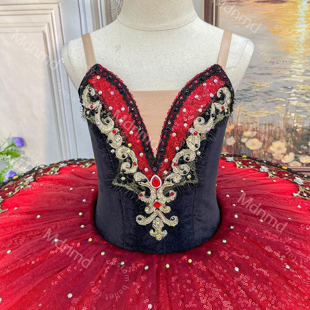 Custom Black & Red Don Quixote Ballet Tutu - Classical Kitri Pancake Tutu Dress for Competition