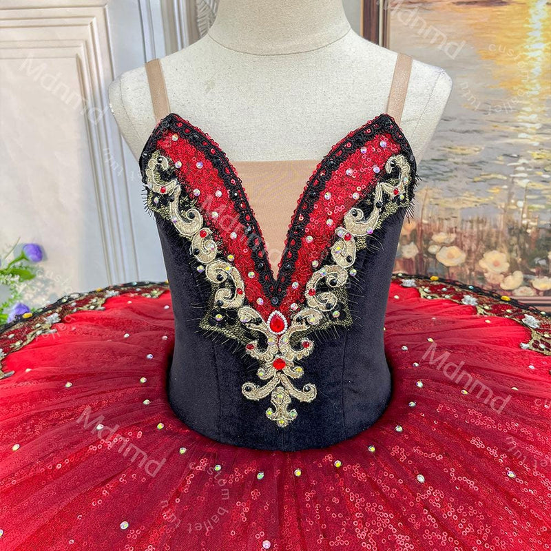 Custom Black & Red Don Quixote Ballet Tutu - Classical Kitri Pancake Tutu Dress for Competition