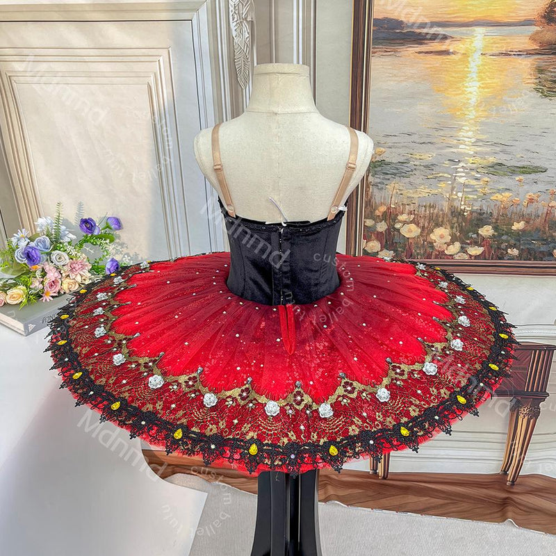 Custom Black & Red Don Quixote Ballet Tutu - Classical Kitri Pancake Tutu Dress for Competition