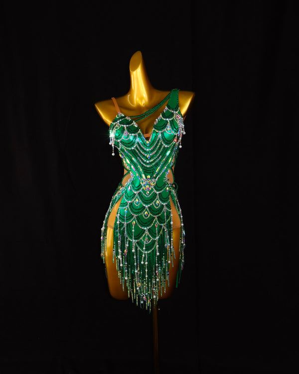 Emerald Crystal Scallop Latin Dance Dress