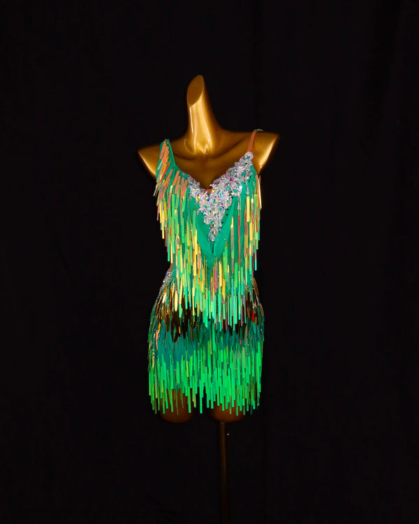 Green Iridescent Fringe Latin Dance Dress