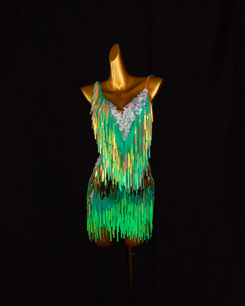 Green Iridescent Fringe Latin Dance Dress