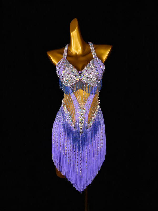 Lilac Crystal Fringe Latin Dance Dress