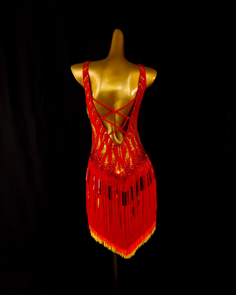 Red Flame Fringe Latin Dance Dress