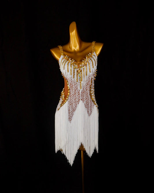 White Pearl Lattice Latin Dance Dress