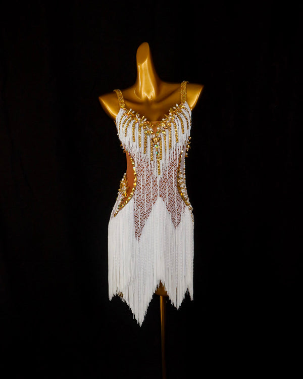 White Pearl Lattice Latin Dance Dress