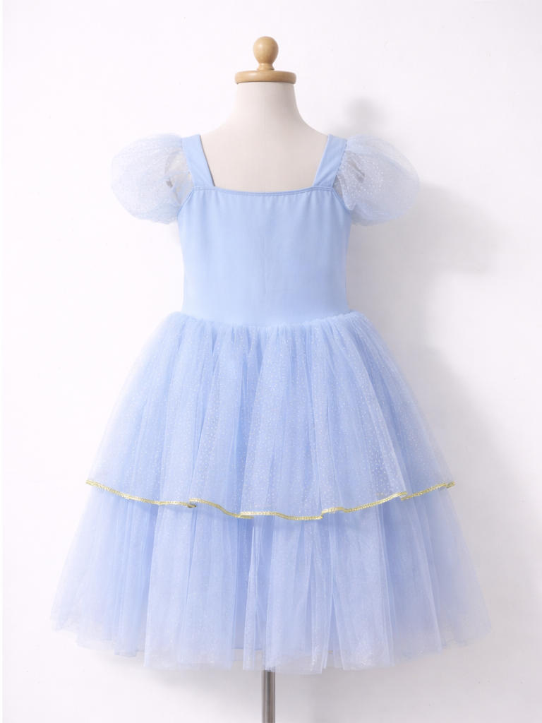 Sparkling Sky Blue Princess Costume with Gold Accents | Puff Sleeve Tulle Tutu Dress for Kids-ALP0101