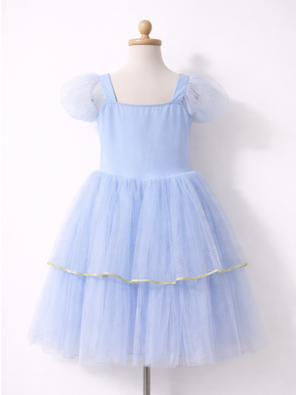 Sparkling Sky Blue Princess Costume with Gold Accents | Puff Sleeve Tulle Tutu Dress for Kids-ALP0101
