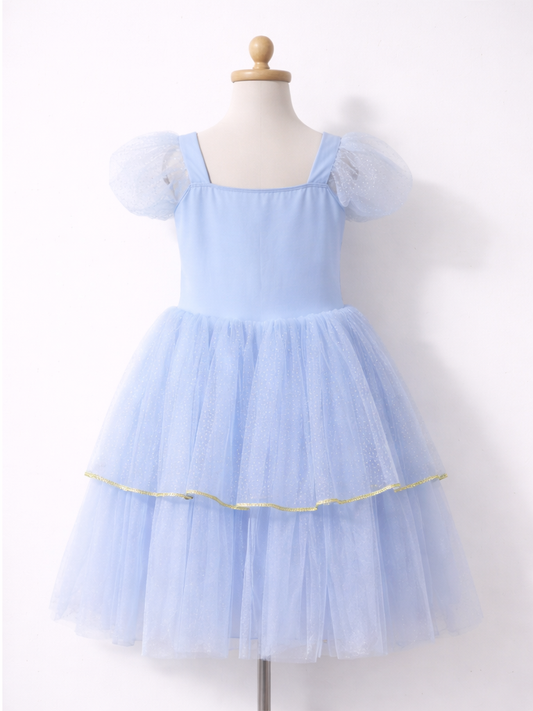 Sparkling Sky Blue Princess Costume with Gold Accents | Puff Sleeve Tulle Tutu Dress for Kids-ALP0101