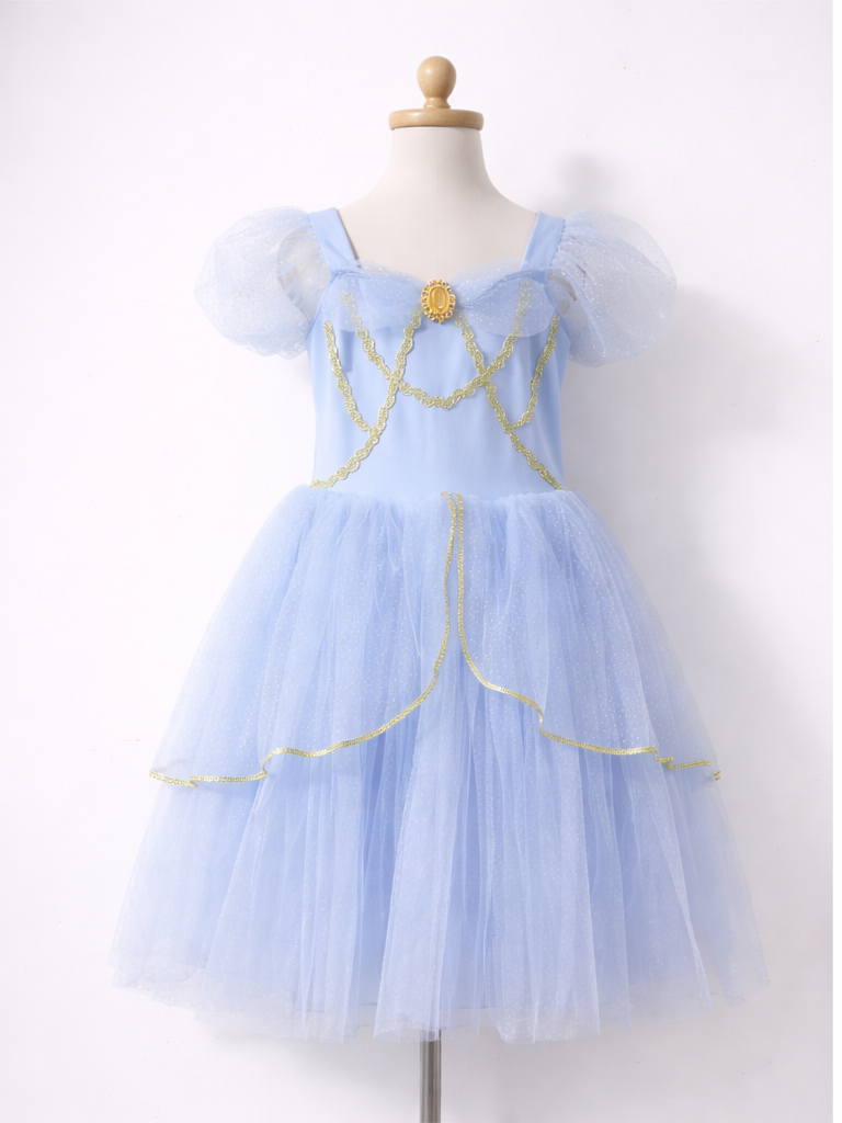 Sparkling Sky Blue Princess Costume with Gold Accents | Puff Sleeve Tulle Tutu Dress for Kids-ALP0101