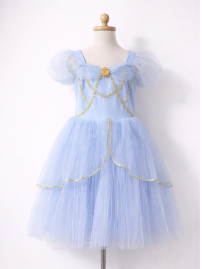 Sparkling Sky Blue Princess Costume with Gold Accents | Puff Sleeve Tulle Tutu Dress for Kids-ALP0101